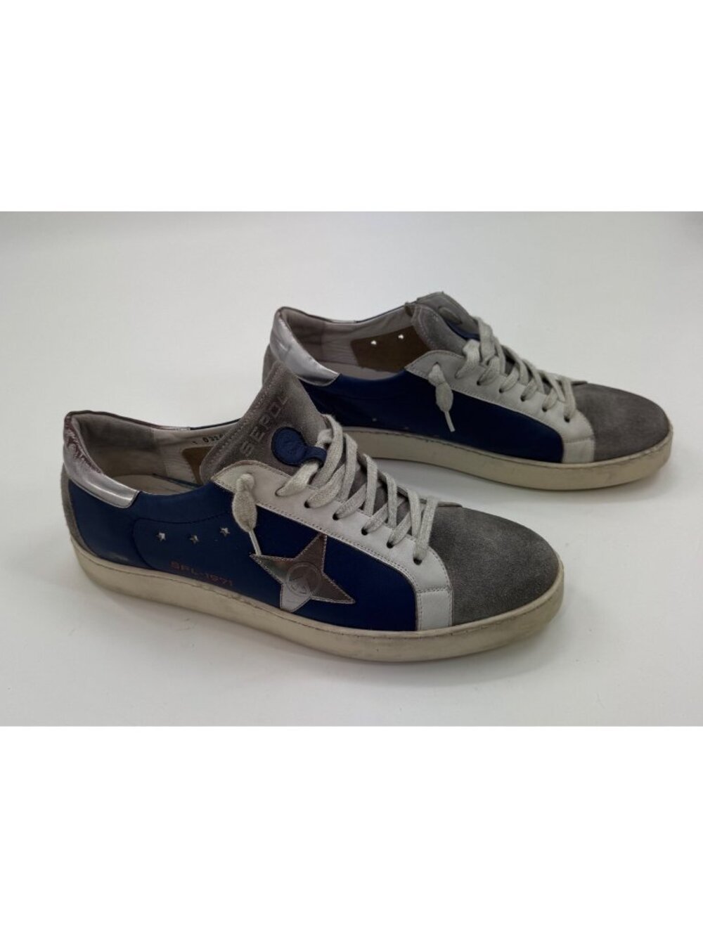 Sepol Mens Blue & Gray Leather Sneakers Distressed Star Design Size 11.5 EU 44